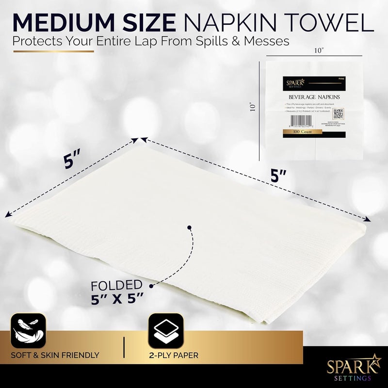 Amcrate 100 Pack White Beverage Napkins, Big Party Pack, 2 Ply, Ideal for Wedding, Party, Birthday, Dinner, Lunch, Cocktails. (5” x 5”) by - Image 3